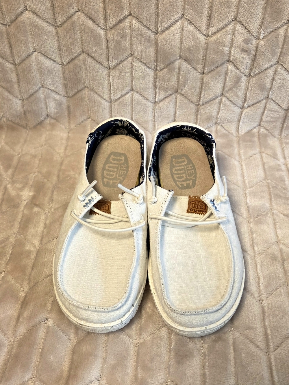 Hey Dude White Linen Slip-On Loafers with Navy Floral Lining